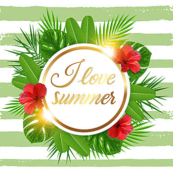 夏天,热带,旗帜,绿色,棕榈叶,红色,木槿,花,条纹,背景,喜爱,文字