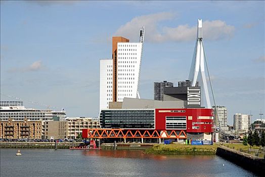 现代建筑,水边,红色,路克索神庙,剧院,左边,观景楼,电话,电讯,后面,桥,鹿特丹,荷兰南部