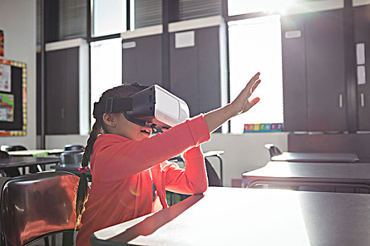 女孩,手势,虚拟现实,玻璃,教室,学校