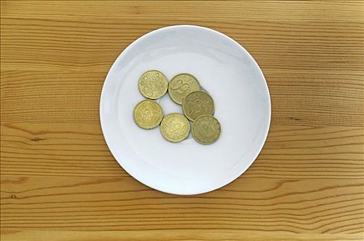 欧元硬币,白色,盘子,木桌子,支付,卫生间,使用