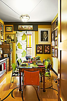 晴朗,黄色,厨房,老式,餐桌,照片,头像,帘,图案,银杏,叶子
