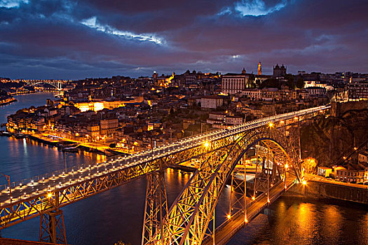 葡萄牙,波尔图,桥,照亮,夜晚,画廊