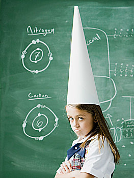 女孩,教室,站立,正面,黑板,穿,高帽