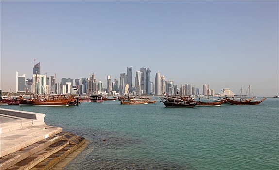 天际线,新,多哈,市区,独桅三角帆船,港口,前景,卡塔尔,中东