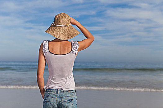 女人,戴着,草帽,海滩