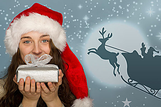 美女,圣诞帽,拿着,圣诞礼物,雪撬,背景