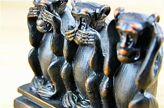 智慧,三个,木质,猴子,小雕像