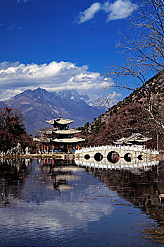 桥,塔,黑龙潭公园,玉龙雪山,远景,丽江,云南