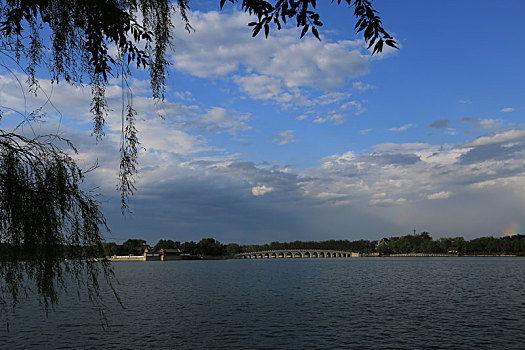 蓝天白云下的北京颐和园昆明湖十七孔桥及南湖岛