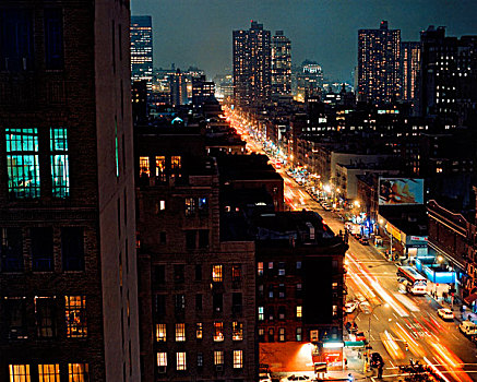 忙碌,街道,夜晚,酒店,窗户,仰视,远景,纽约,美国