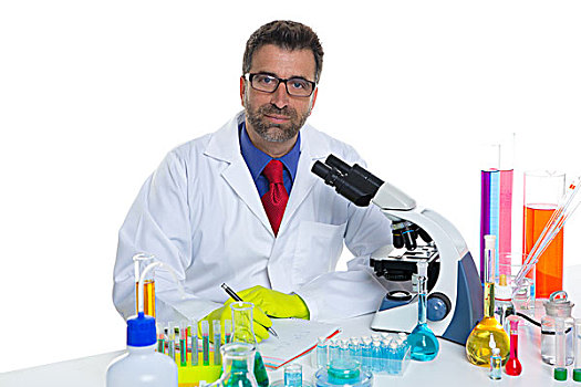 化学品,实验室,科学家,男人,工作,头像,书桌,显微镜