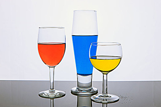 三个,玻璃杯,彩色,液体,多样,抽象,看