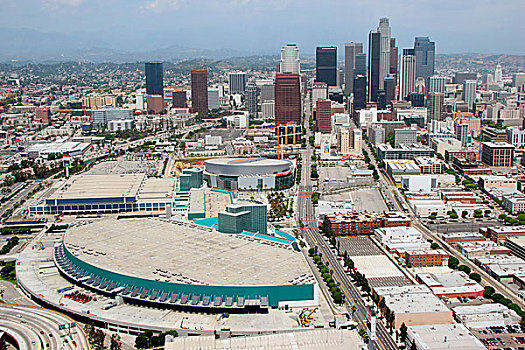 俯视,洛杉矶,会议中心,中心,竞技场,市区,天际线,后面