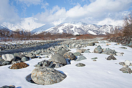 石头,河,雪,长野,日本,亚洲