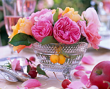 花束,玫瑰,浮雕,玻璃碗,苹果树