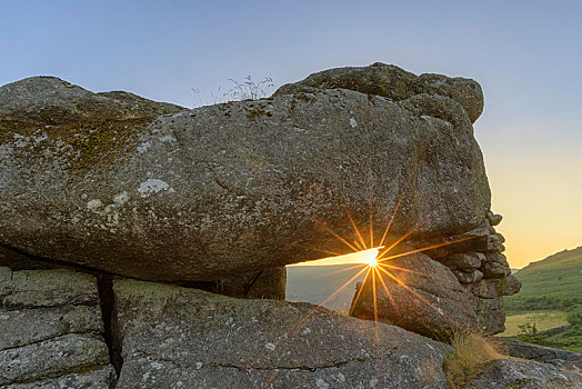 日落,石头,达特姆尔高原,国家公园,英格兰,英国
