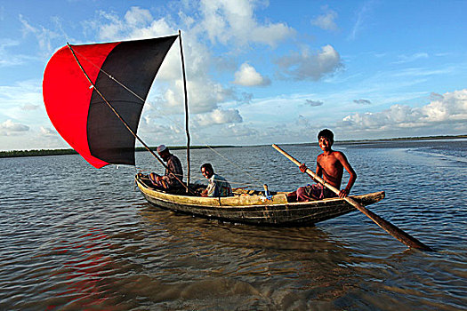 小,渔船,浅,水,海滩,孟加拉,女儿,海洋,一个,自然,斑点,全景,上升,夕阳