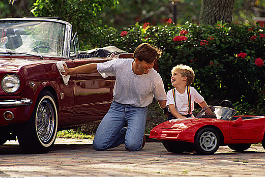 父亲,抛光,汽车,儿子,玩具车