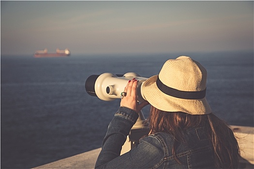 女孩,看穿,投币设备,双筒望远镜,海洋