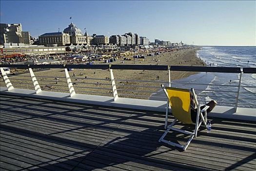 折叠躺椅,码头,海滩,疗养所,酒店,精致,海滨胜地,荷兰,北海,海岸,省,荷兰南部,南荷兰,欧盟