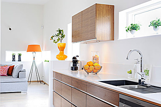 厨房,木质,柜子,白色,落地灯,橙色,灯罩,休闲沙发,区域,背景