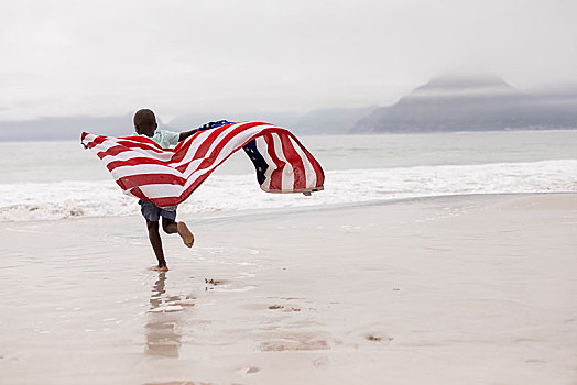 男孩,跑,美国国旗,海滩