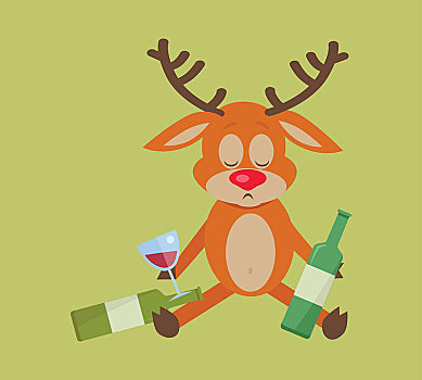 鹿,酒瓶,隔绝,绿色,很多,空,瓶子,地板,醉酒,酒,上瘾,驯鹿,啤酒,矢量,插画,风格