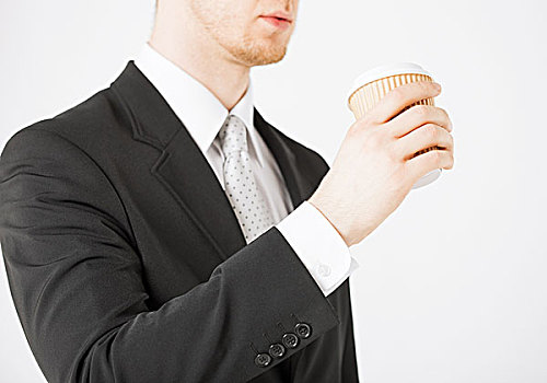 男人,握着,外卖,咖啡杯