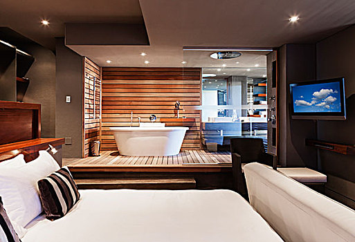 床,浴缸,现代,主卧室