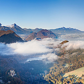 风景,旧天鹅堡,城堡,阿尔卑斯山,上巴伐利亚,德国