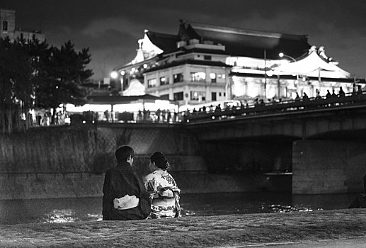 坐,夫妇,旁侧,河,日本