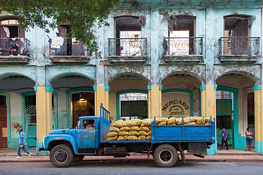 加勒比,古巴,哈瓦那,蓝色,土豆,卡车,正面,老,建筑外观