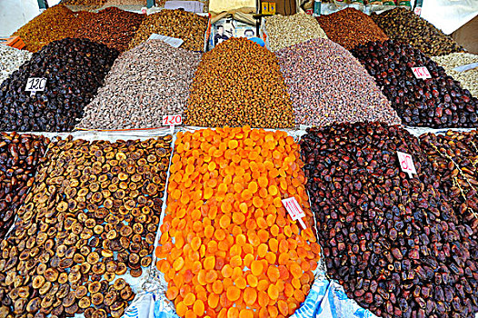 杏干,无花果,放,室外,销售,货摊,市场,玛拉喀什,摩洛哥,非洲