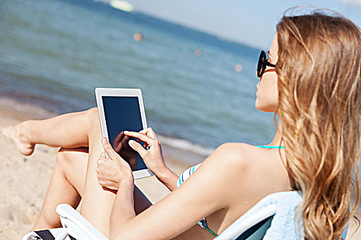 暑假,度假,科技,互联网,女孩,看,平板电脑,沙滩椅