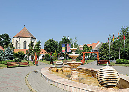 喷泉,大广场,教堂,罗马尼亚,欧洲
