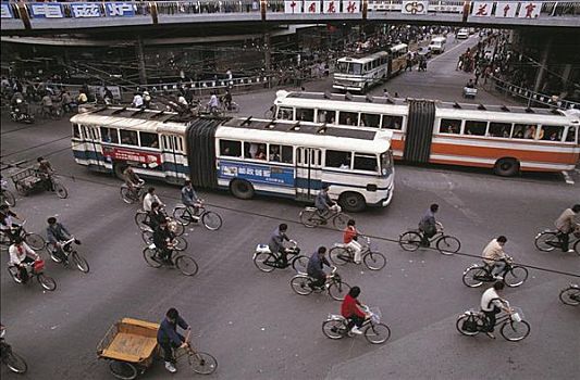 自行车,巴士,街道,上海,中国,亚洲