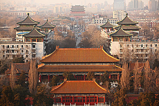 鼓楼,地安门内大街,景山公园,中国,北京,全景,地标,传统