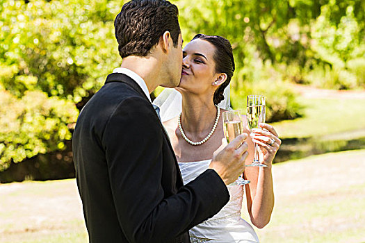 新婚,吻,祝酒,香槟酒杯,公园