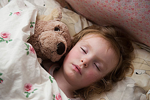 小女孩,睡觉,泰迪熊