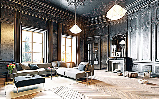 现代,风格,黑色,客厅,公寓