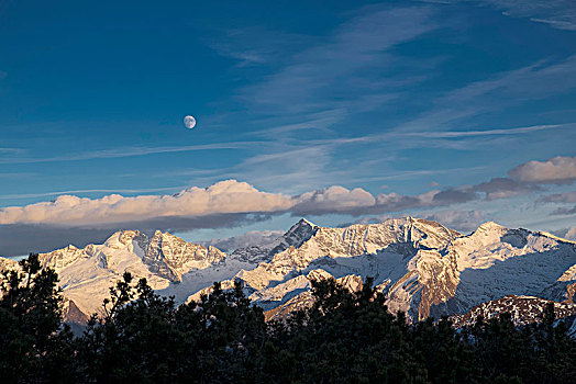 雪,阿尔卑斯山,月亮,冬天,山,提洛尔,奥地利,欧洲