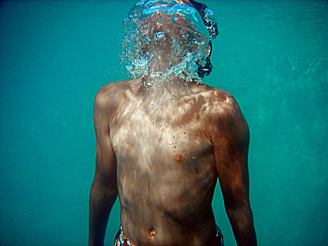 男孩,游泳,表面,水下