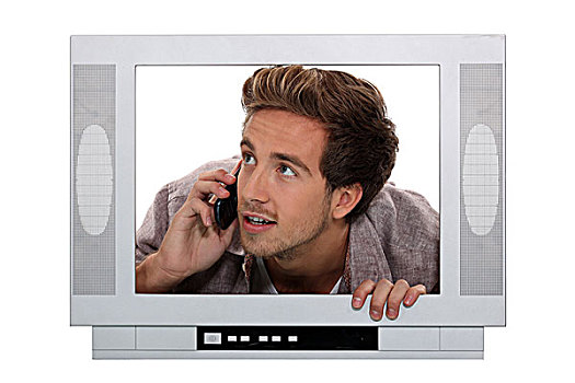 概念,一个,男人,电话,室内,电视屏幕