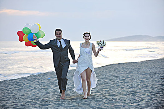 高兴,结婚,年轻,情侣,庆贺,开心,美女,海滩,日落