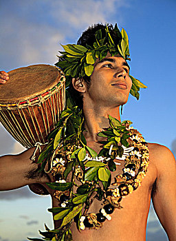夏威夷,瓦胡岛,玻利尼西亚人,男人,鼓,海岸