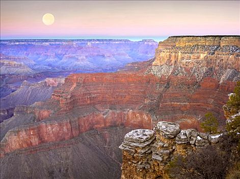 满月,上方,大峡谷,日落,风景,大峡谷国家公园,亚利桑那