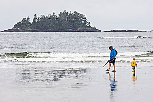 父子,走,海岸线,海滩,温哥华岛,不列颠哥伦比亚省,加拿大