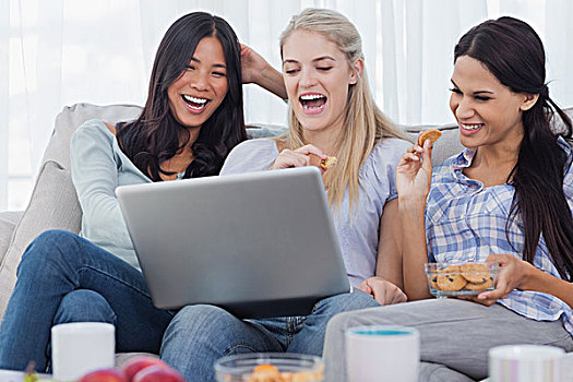 笑,朋友,看,笔记本电脑,一起,吃,饼干,在家,沙发