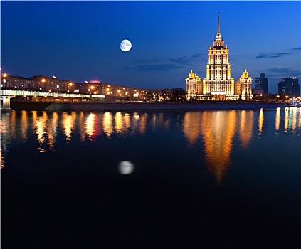 夜晚,莫斯科,莫斯科河,酒店,乌克兰