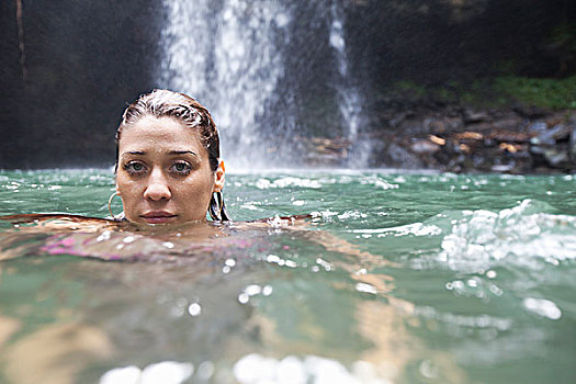 女人,游泳,瀑布,背景